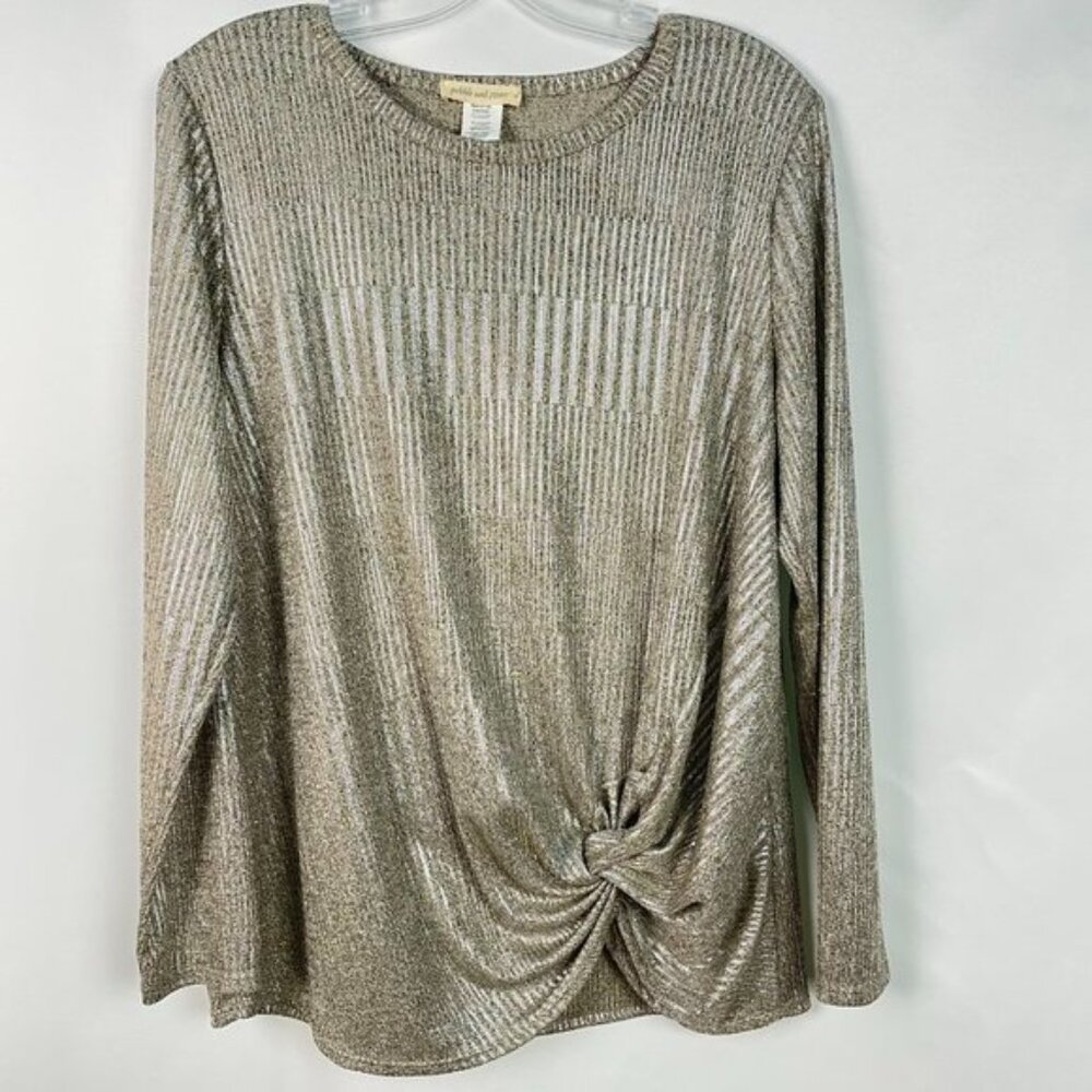 Pebble And Stone Size XL Twist-Front Shine Silver Metallic And Gold Pullover Top